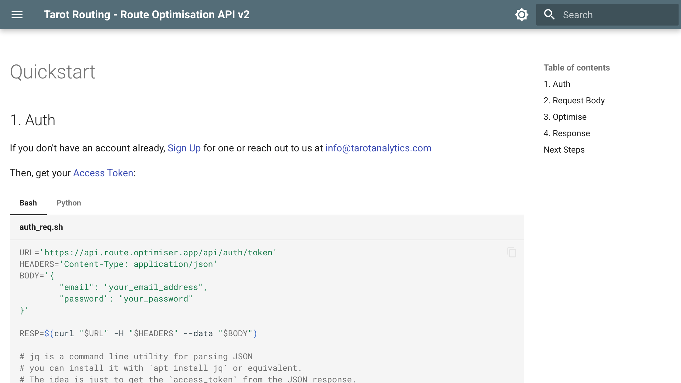 The Tarot Optimisation API documentation, open at the Quickstart