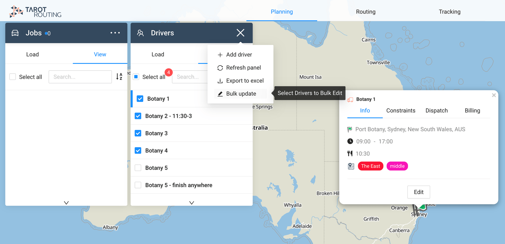 Tarot Routing planning stage with several drivers selected and the Bulk update option in the Drivers panel menu