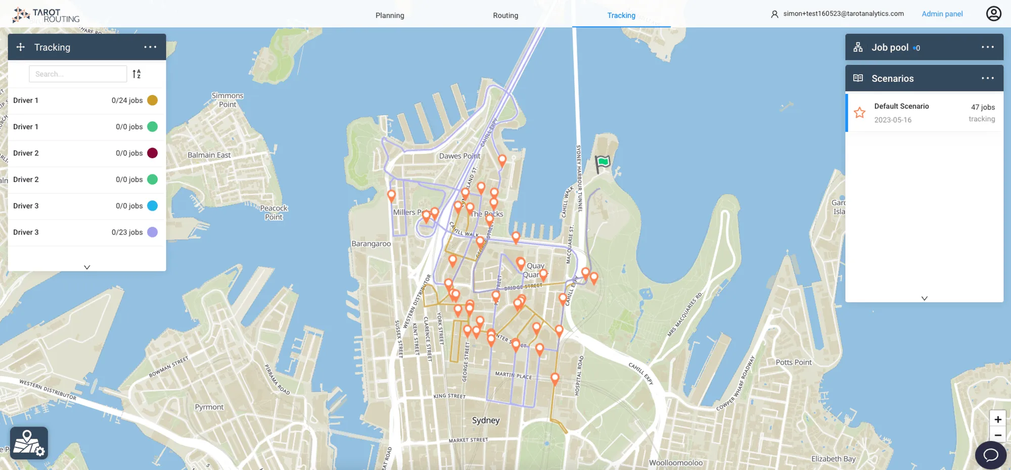 Tarot Routing tracking stage showing a central Sydney delivery run with its stops and the Tracking panel