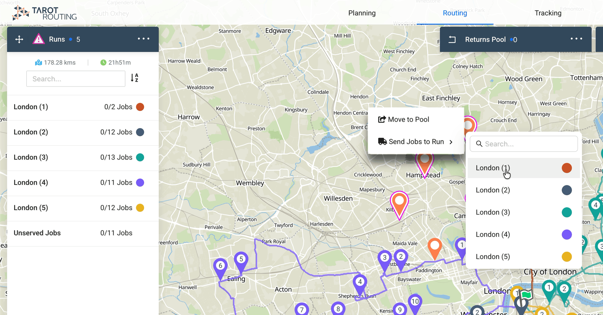 Five jobs selected on the Tarot Routing map with the Send Jobs to Run menu open, listing the London runs