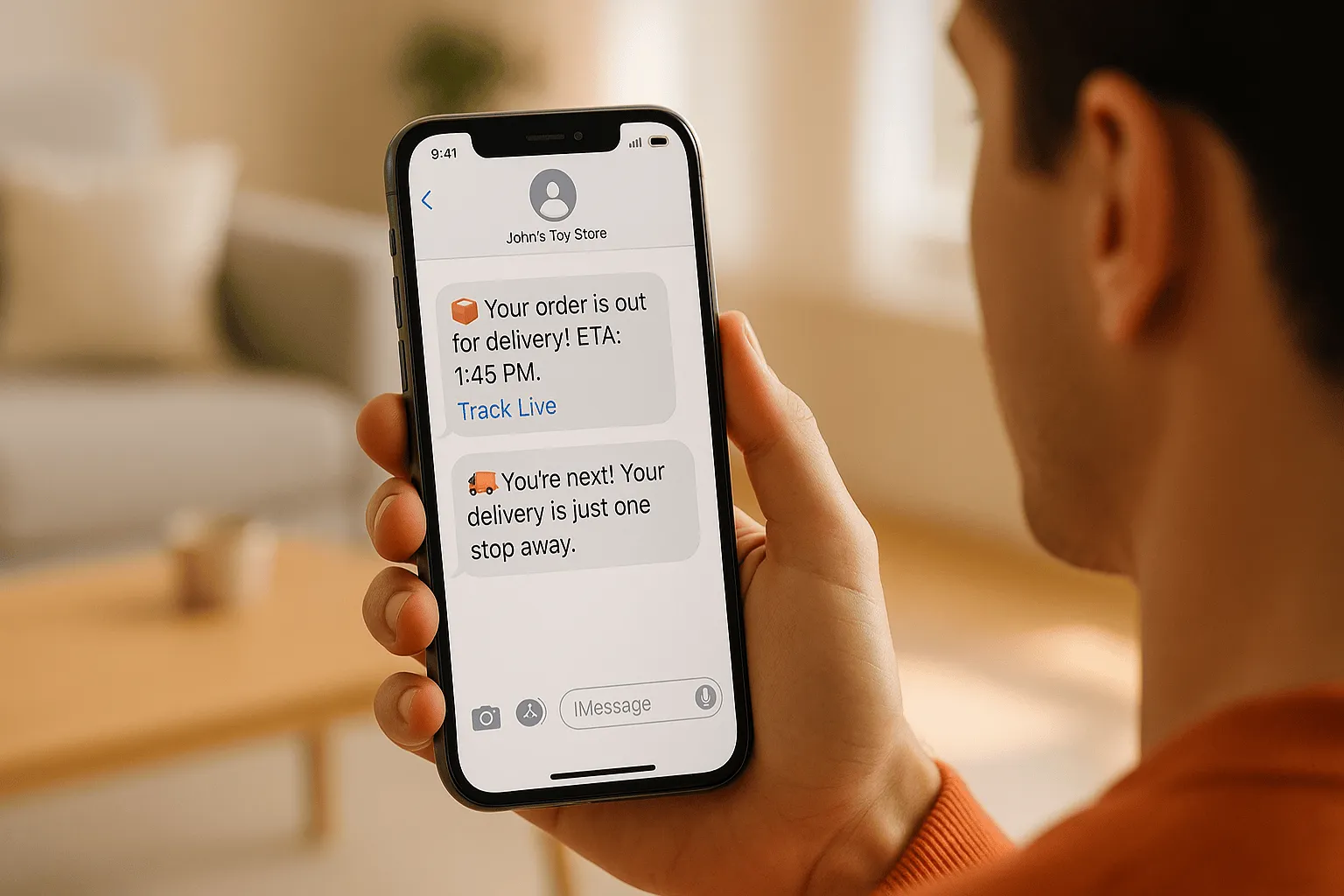 Customer receiving out-for-delivery and you’re-next text messages from John’s Toy Store on their iPhone at home.