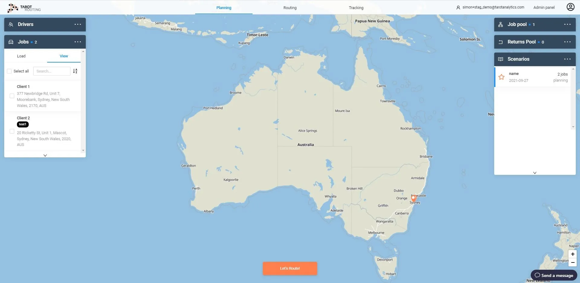 Tarot Routing's redesigned planning map showing Australia with the Drivers, Jobs and Scenarios panels