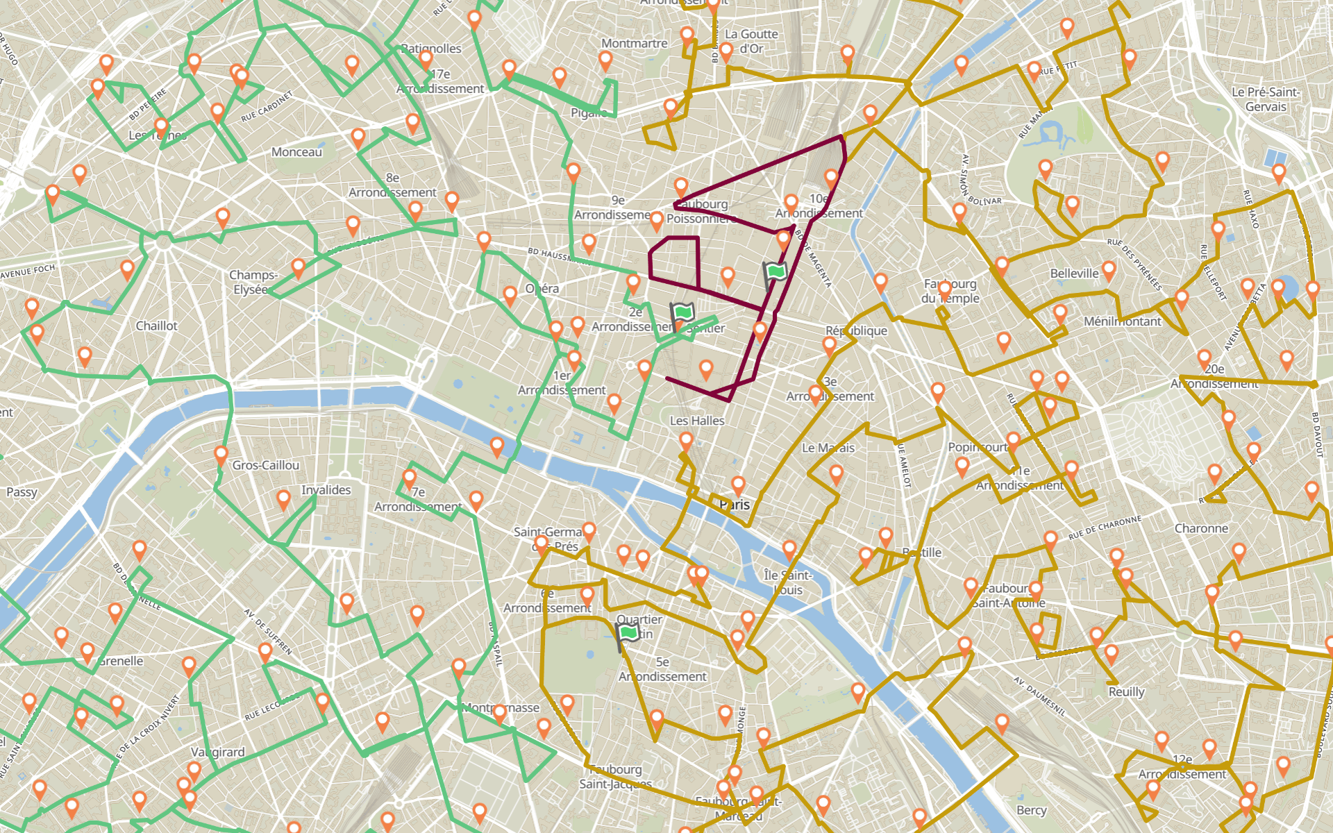 Optimised delivery routes across Paris drawn in green, gold and maroon, with numbered stops