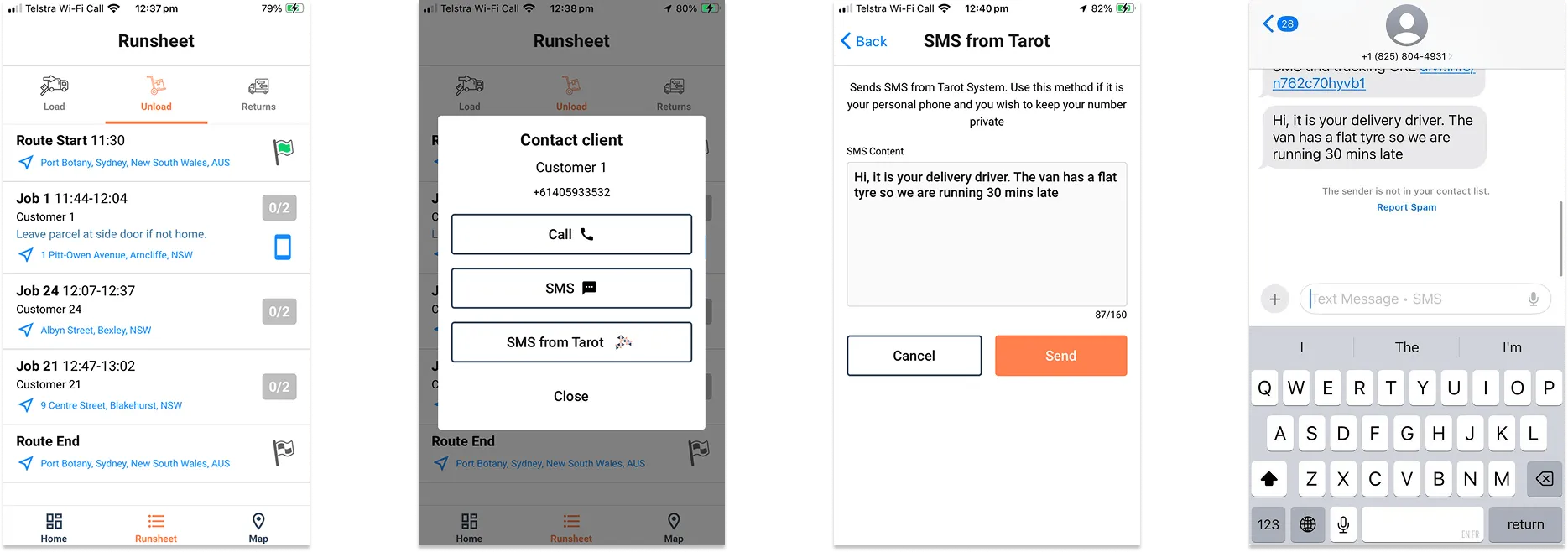 App screenshots showing workflow to send an SMS from Tarot in the driver app