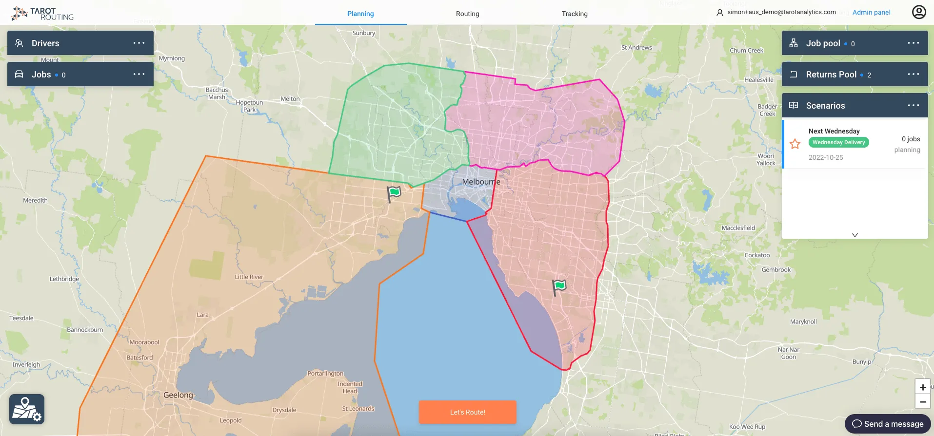 Territories drawn over Melbourne in Tarot Routing, shown as coloured areas on the planning map