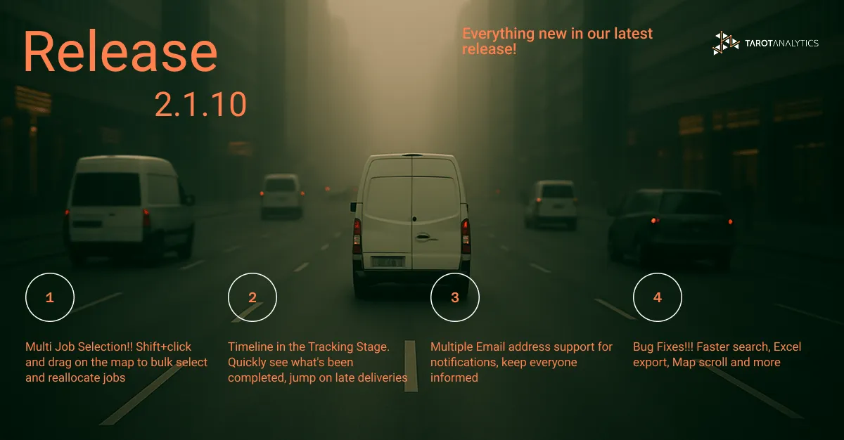 Release 2.1.10 banner over delivery vans on a misty road, listing multi-job selection, the tracking timeline, multiple notification email addresses and bug fixes