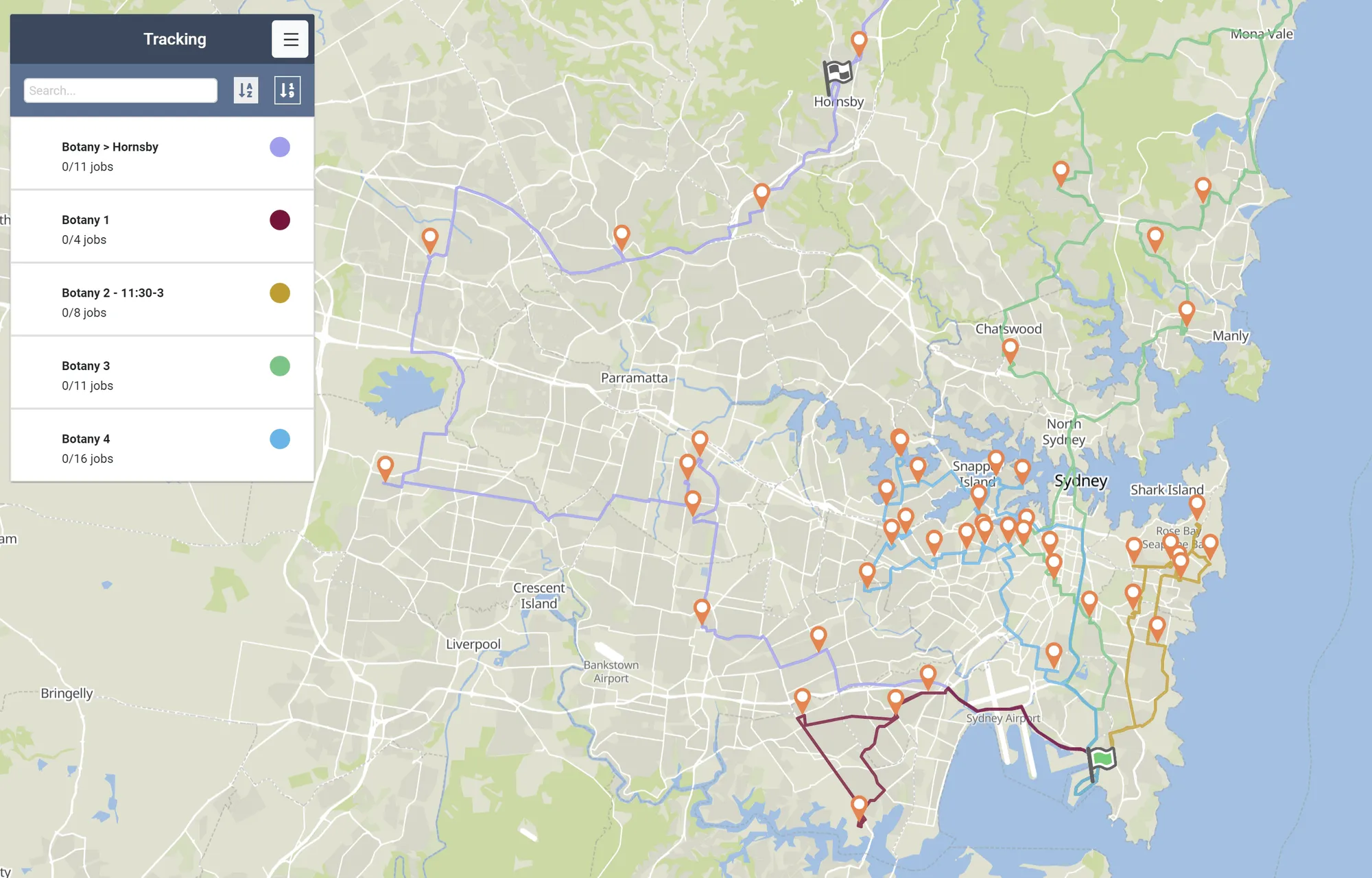 Tarot Routing tracking view of several delivery runs across Sydney, with the run list on the left