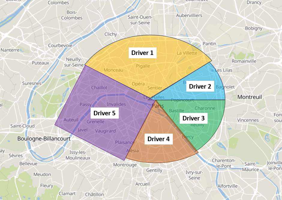 Map of Paris divided into five pie-slice zones labelled Driver 1 to Driver 5