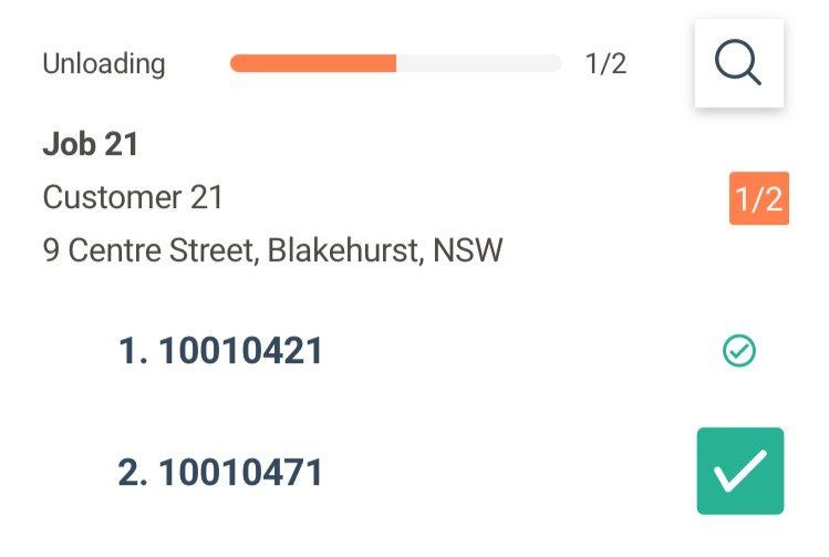 Tarot Driver App unloading screen for Job 21, with one of its two units ticked off without a barcode scan
