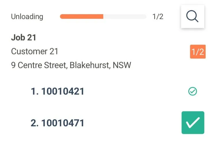 Tarot Driver App unloading screen for Job 21, with one of its two units ticked off without a barcode scan