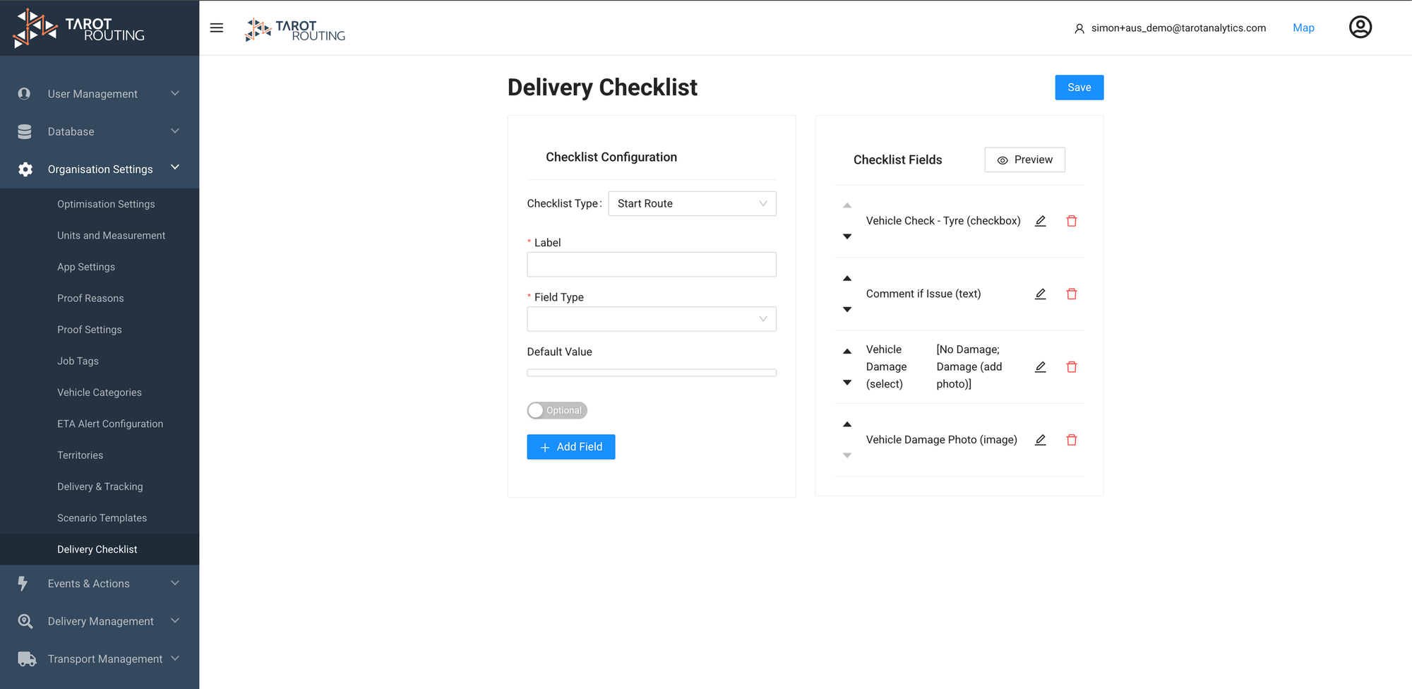 Tarot Routing Delivery Checklist Config Page