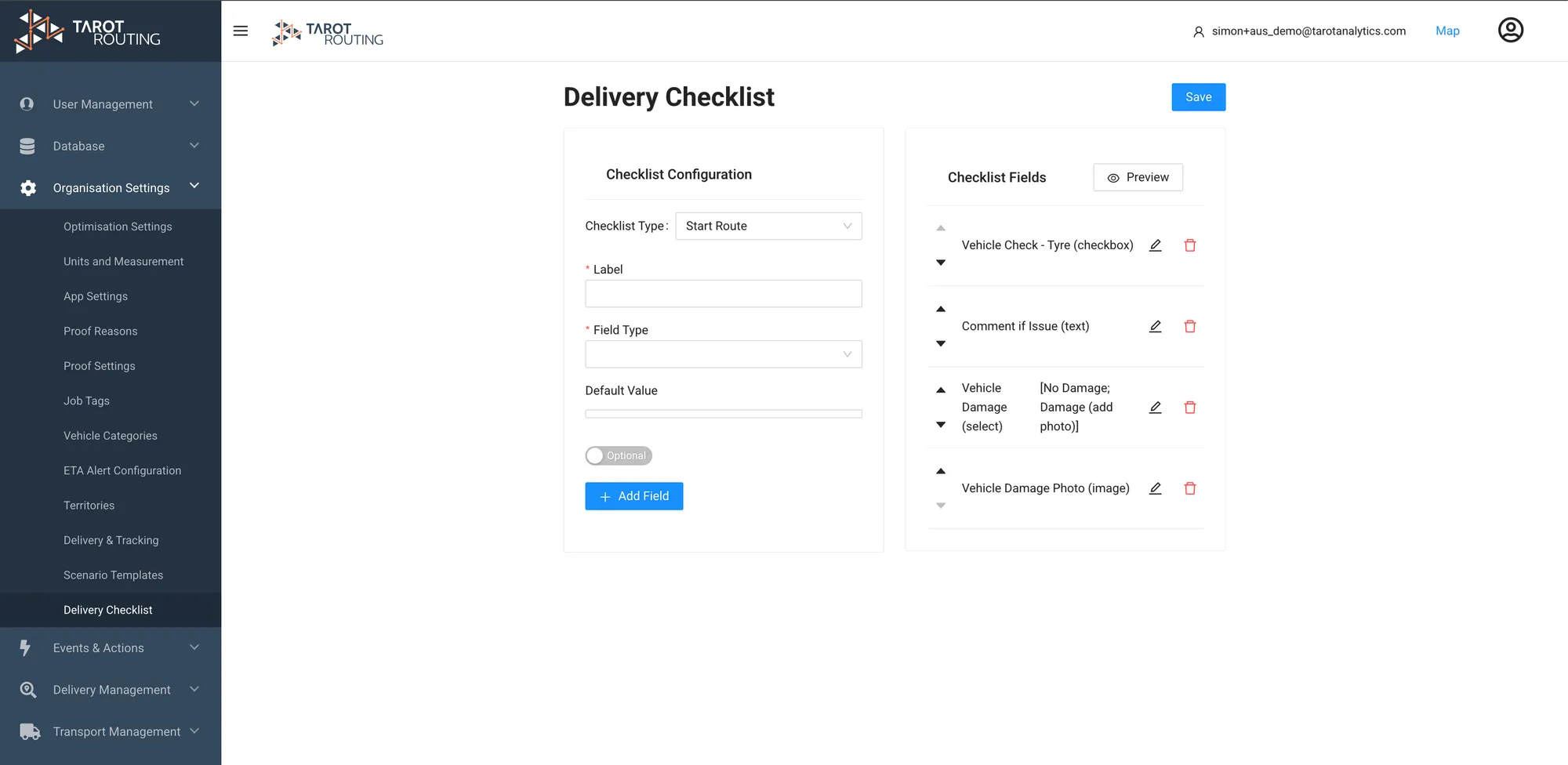 Tarot Routing Delivery Checklist Config Page