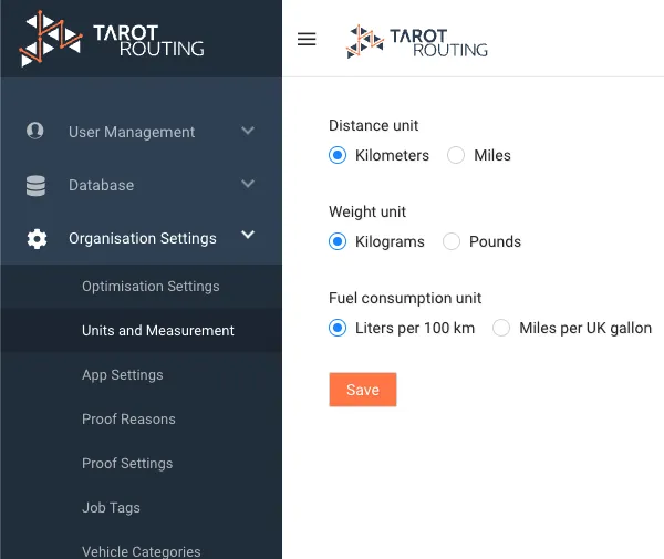 Units and Measurement settings in Tarot Routing with kilometres or miles, kilograms or pounds, and fuel consumption units