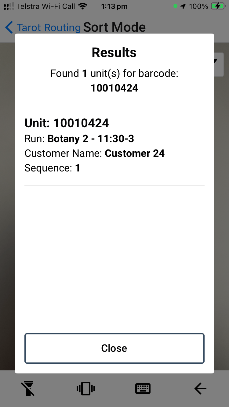 Tarot Driver App Sort Mode result after scanning barcode 10010424, showing its unit, run, customer and sequence