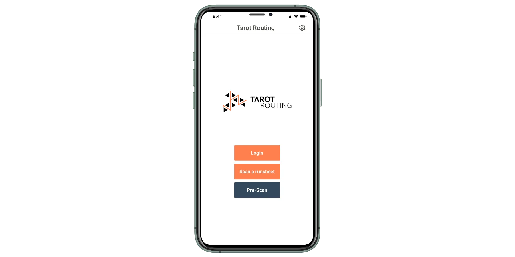 Tarot Driver App start screen on a phone with Login, Scan a runsheet and Pre-Scan buttons