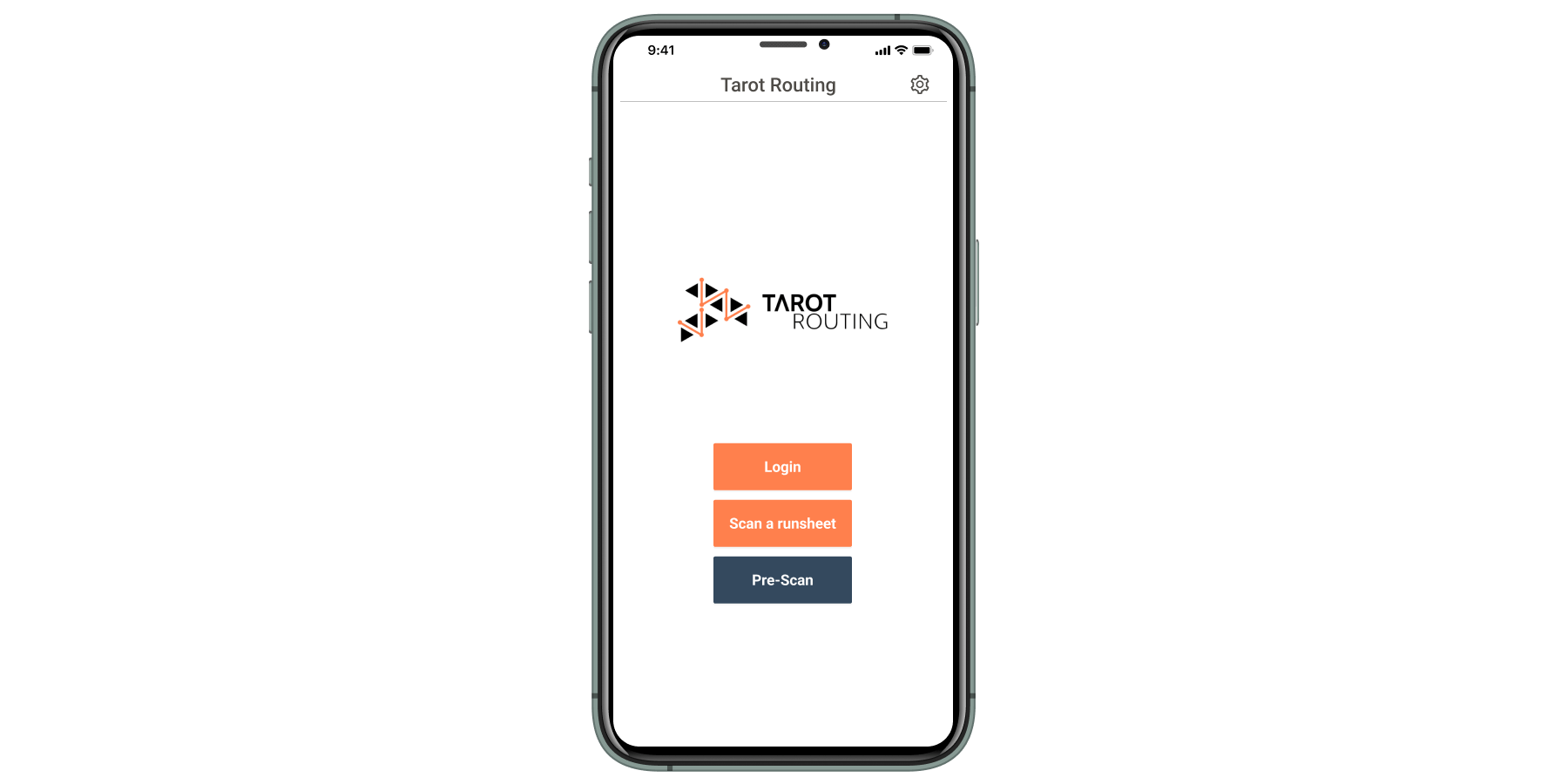 Tarot Driver App start screen on a phone with Login, Scan a runsheet and Pre-Scan buttons