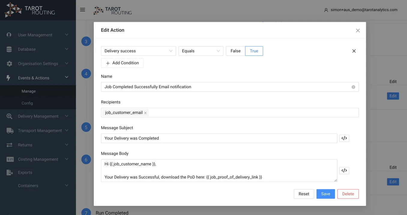 Edit Action form in Tarot Routing Events & Actions, setting up a Job Completed Successfully email with a proof of delivery link