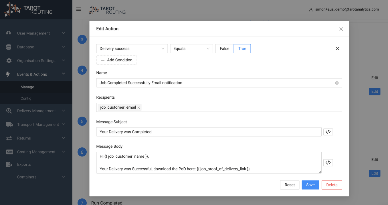 Edit Action form in Tarot Routing Events & Actions, setting up a Job Completed Successfully email with a proof of delivery link