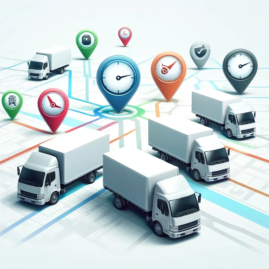 Illustration of delivery trucks and map pins with clock and gauge icons, representing optimisation objectives
