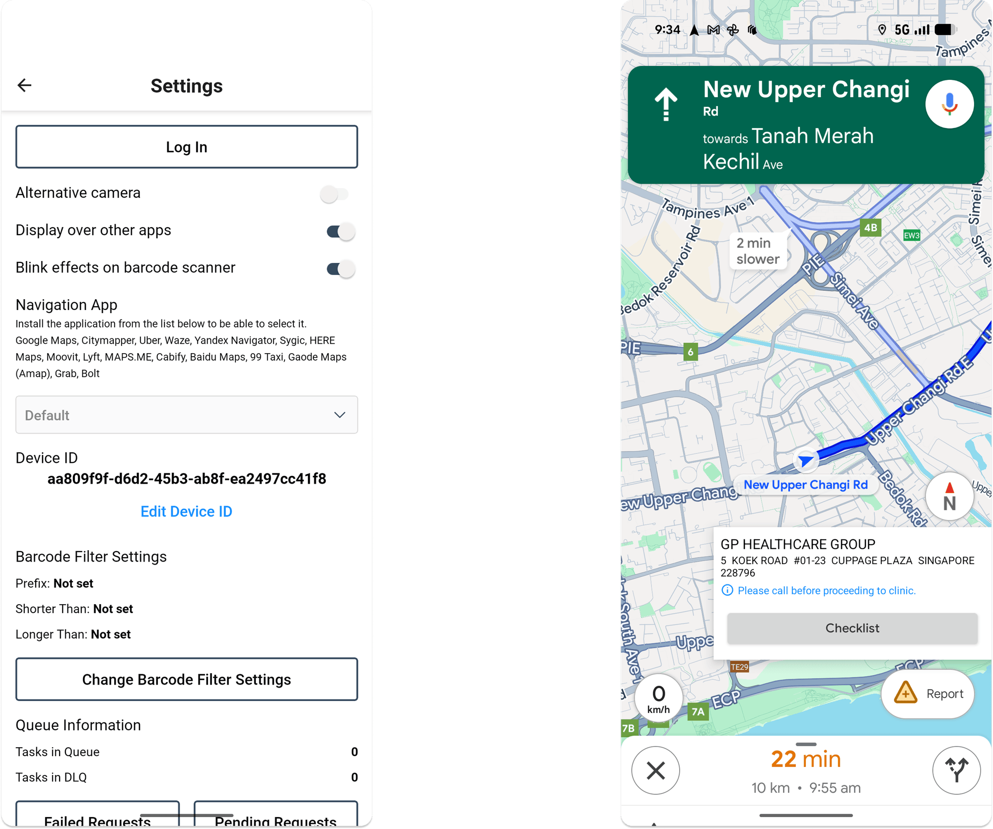 Tarot Driver App overlay on Android — floating Tarot insert displayed over Google Maps navigation, allowing drivers to quickly return to the Delivery Checklist screen in Tarot Routing to complete proof of delivery.