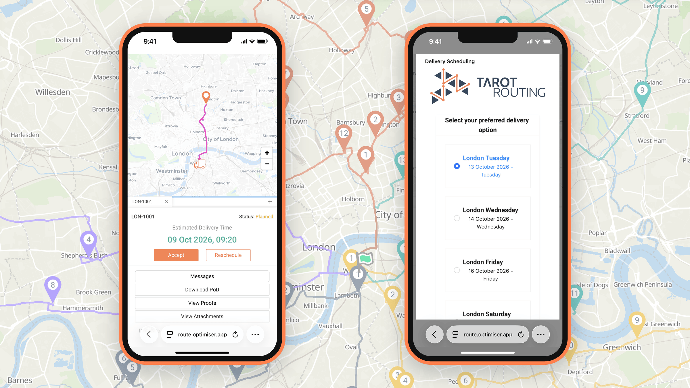Customer tracking link with Accept and Reschedule buttons under the estimated delivery time, and the delivery scheduling page where the customer picks a new delivery day