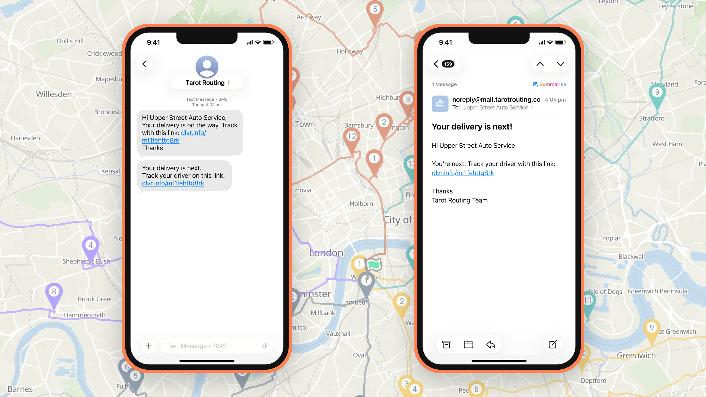 Tarot Routing delivery notifications on a customer's phone, the SMS thread with the tracking link and the You're next email