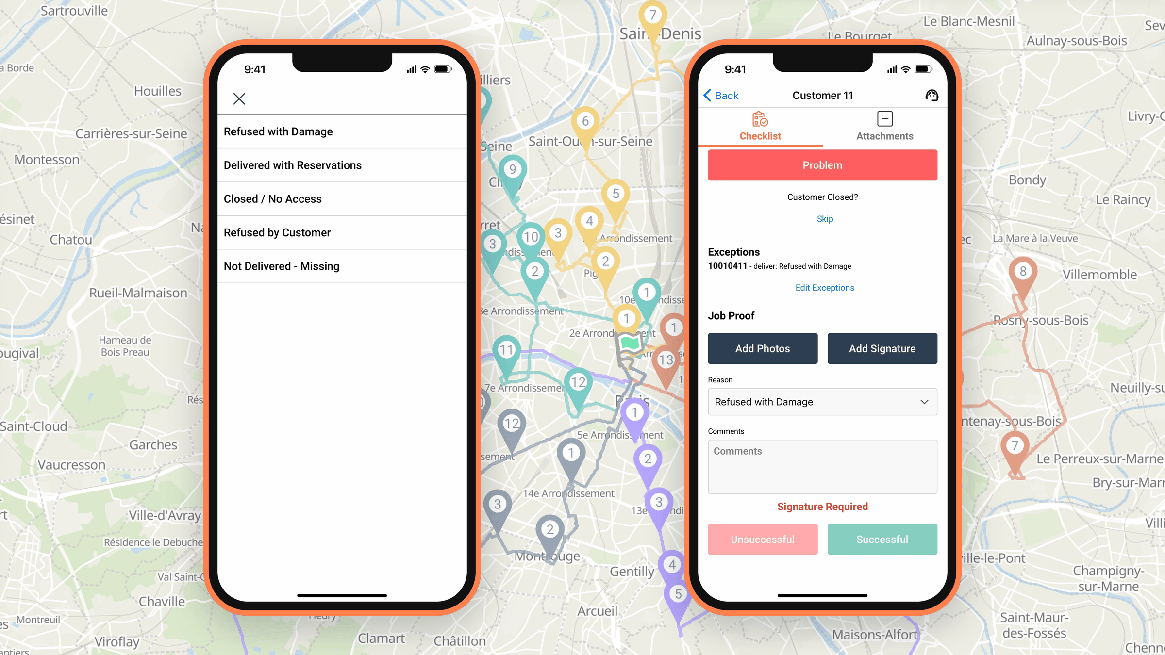 Driver choosing an exception reason in the Tarot Driver App, and the job recorded as refused with damage