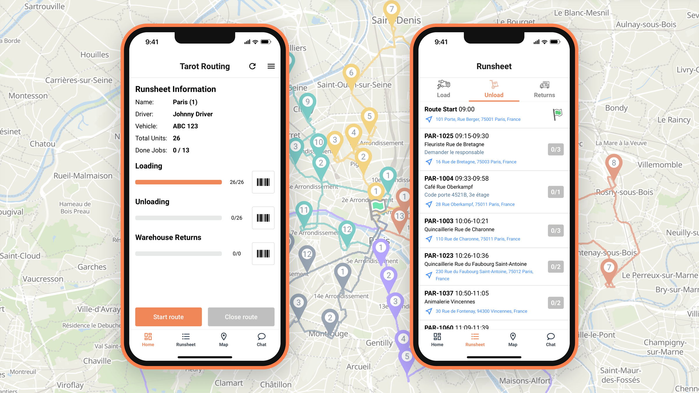 Tarot Driver App on a smartphone, showing today's run on the home screen and the runsheet listing each stop
