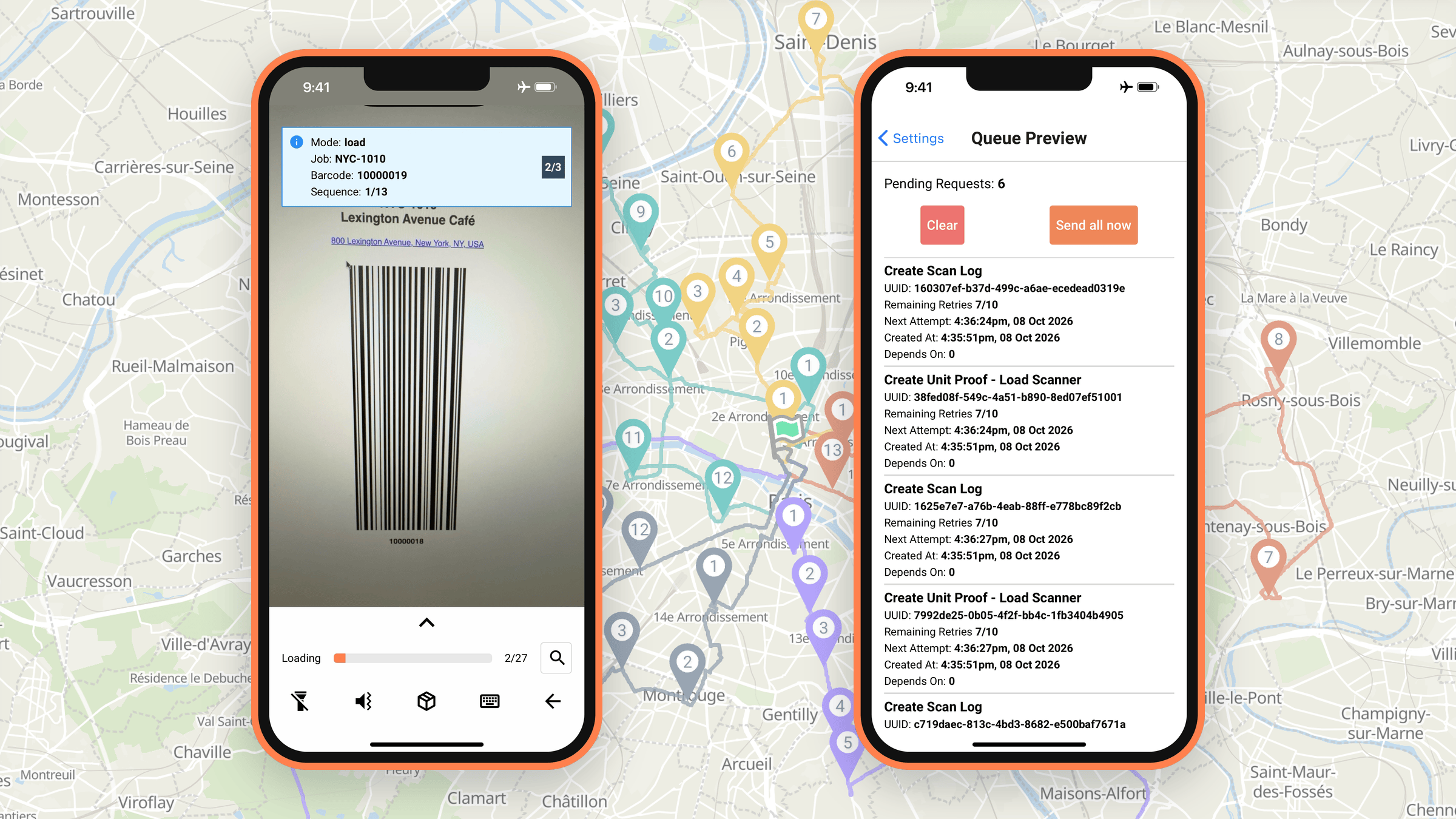 Tarot Driver App scanning a parcel in airplane mode, and the queue of scans waiting to sync when the phone is back online