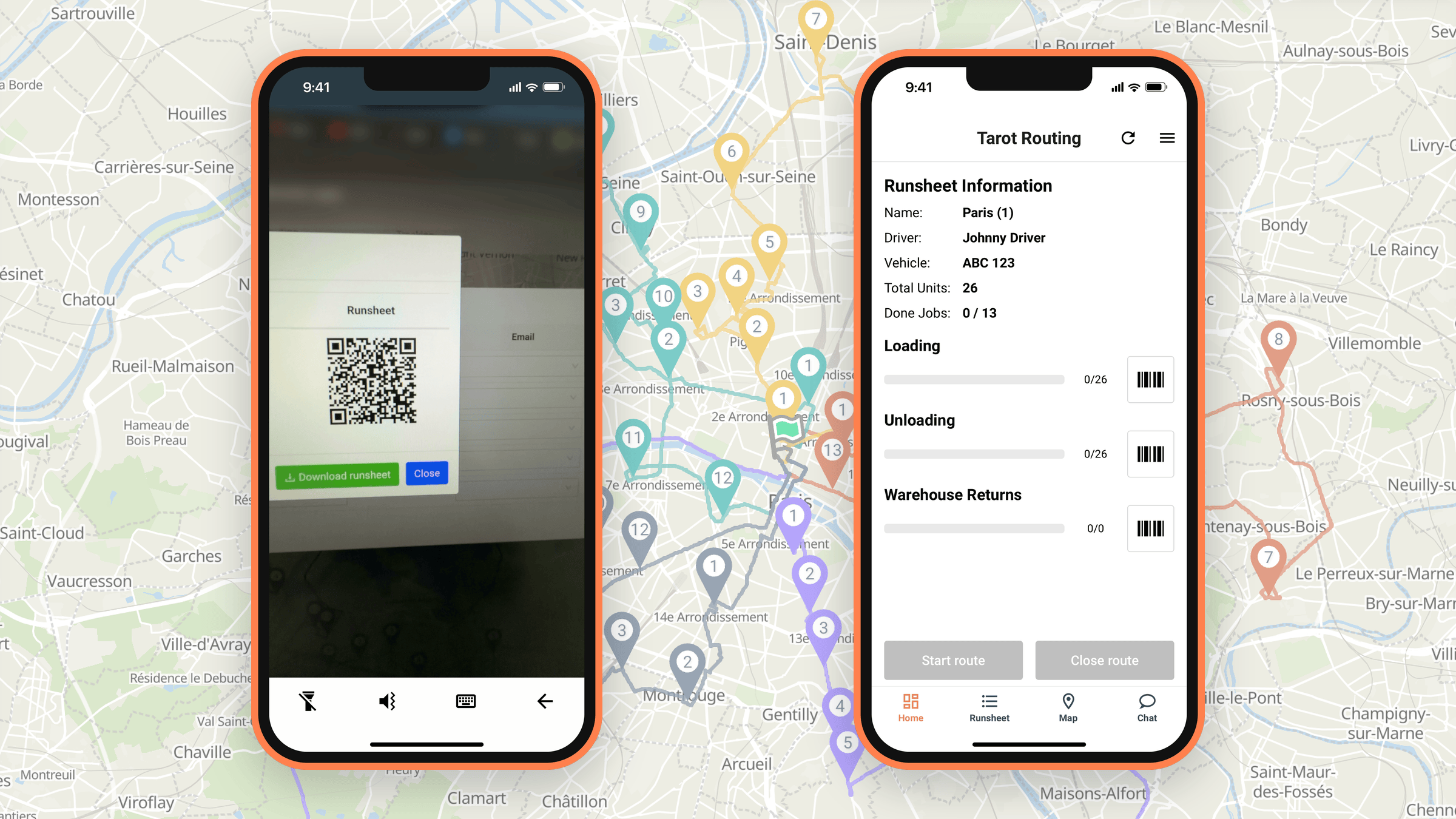 Driver scanning a runsheet QR code, and the run opening in the Tarot Driver App with no login