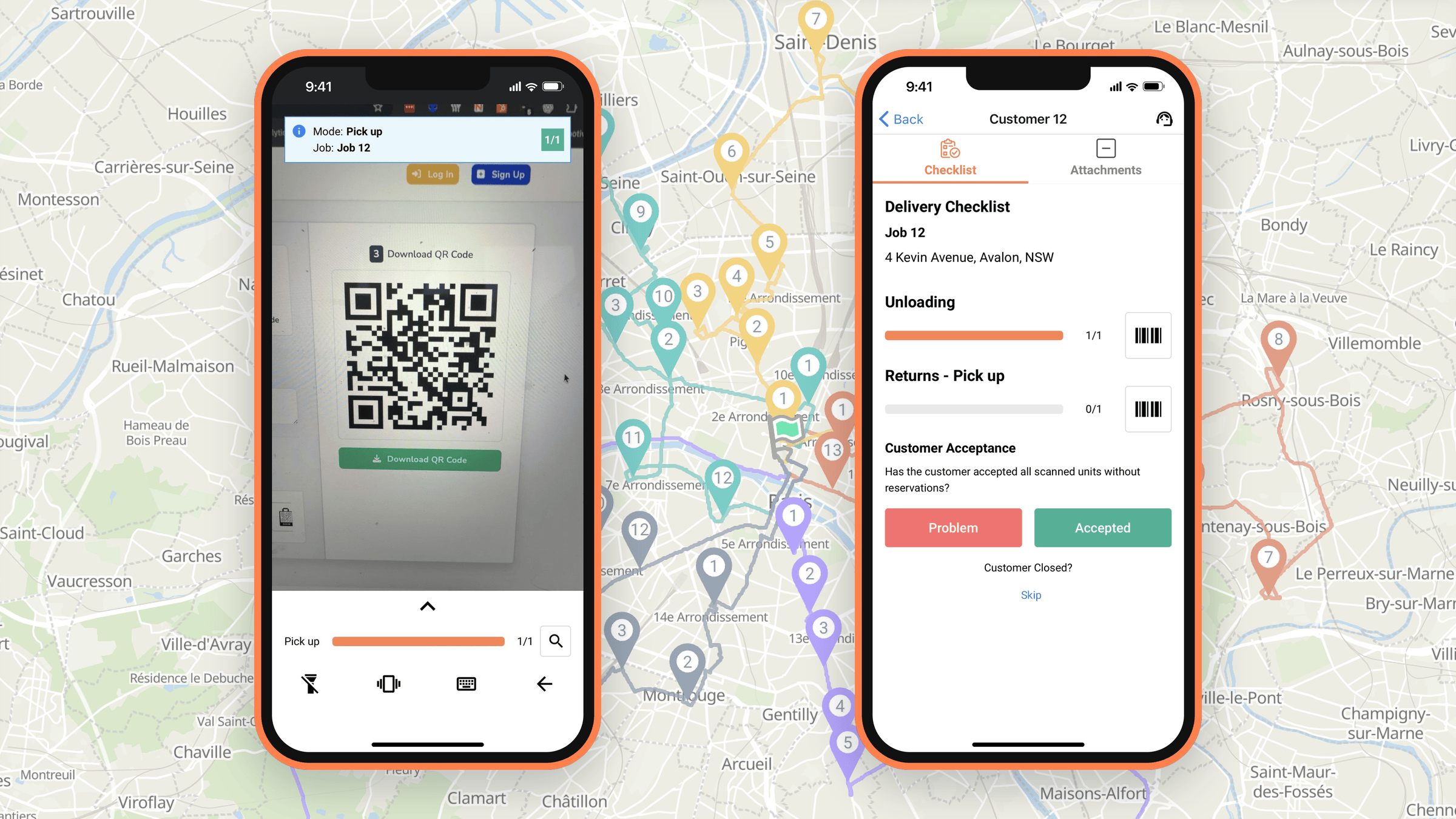 Driver scanning a return for pick-up in the Tarot Driver App, and the delivery checklist with the return to collect