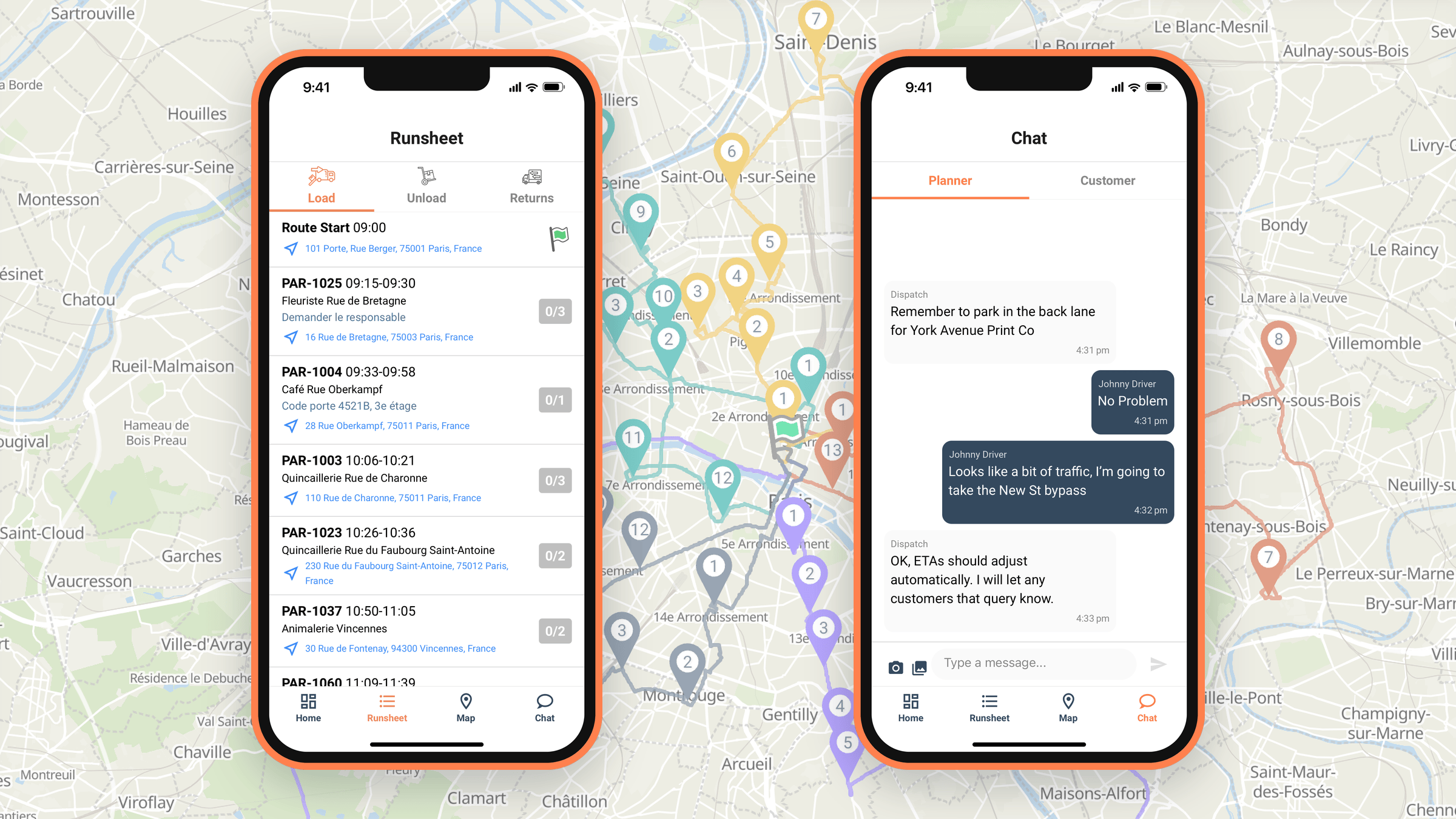 Tarot Driver App runsheet listing each stop's time window and address with a navigation link, and a conversation with the planner