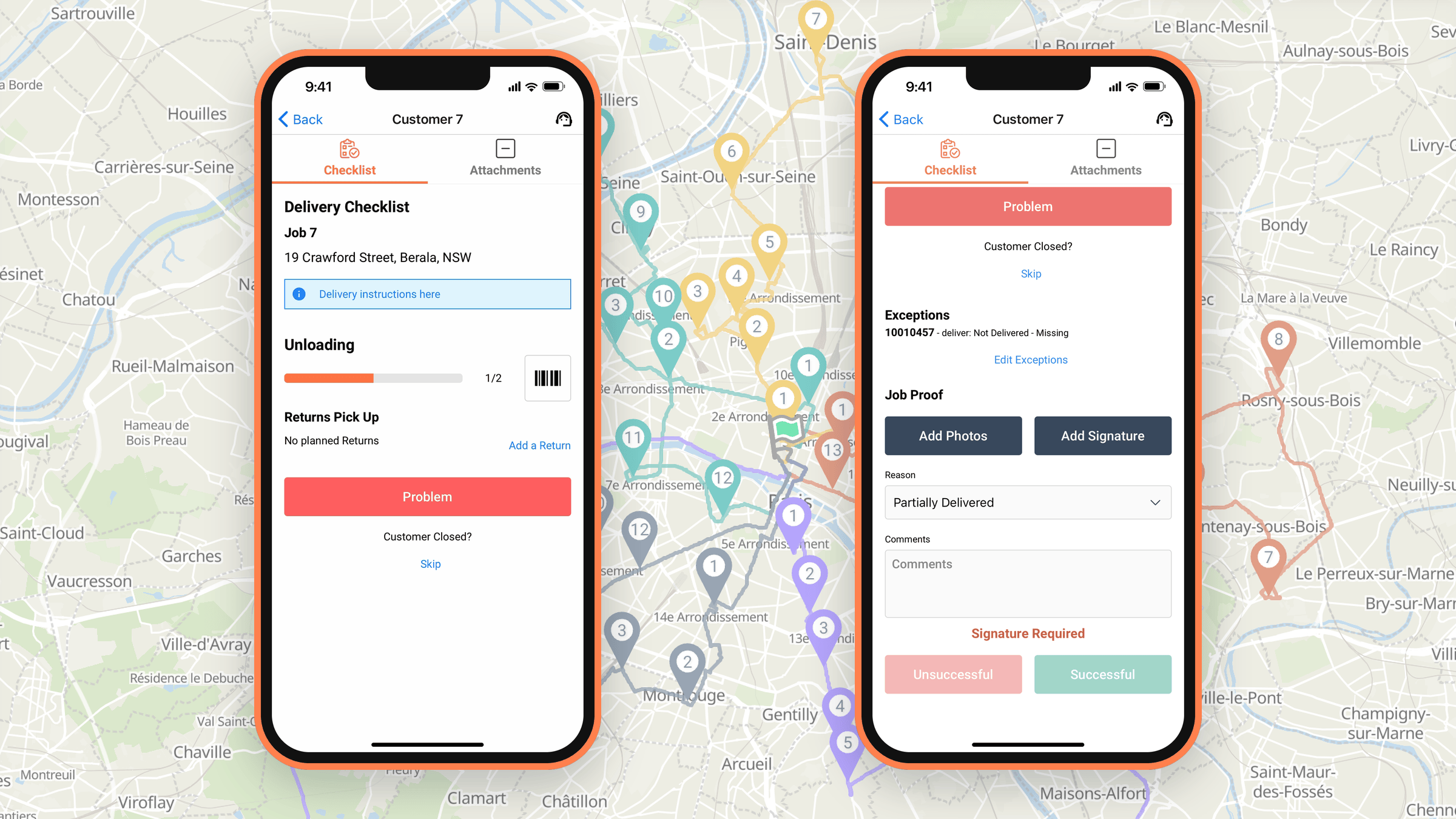 Short delivery in the Tarot Driver App, with one of two units unloaded and the job recorded as partially delivered