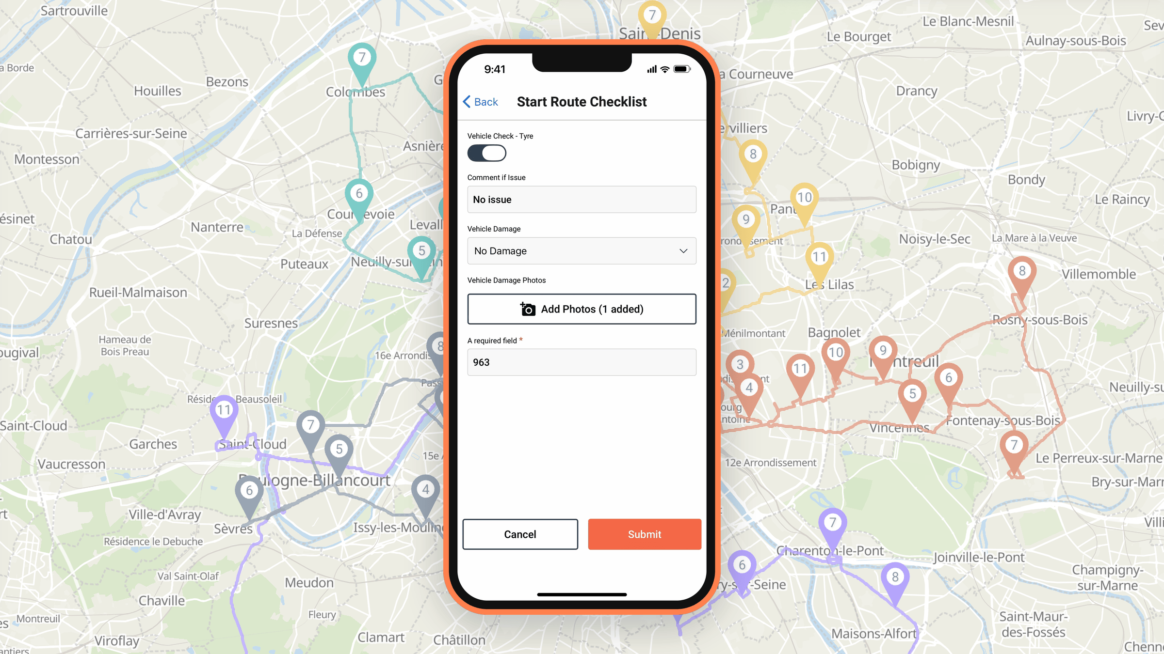 Driver completing a customisable vehicle safety checklist in the Tarot Driver App