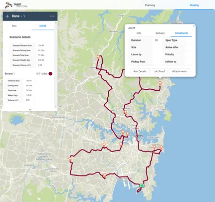 Optimised Sydney route for 11 jobs with no time window constraints, with a job’s Constraints tab open