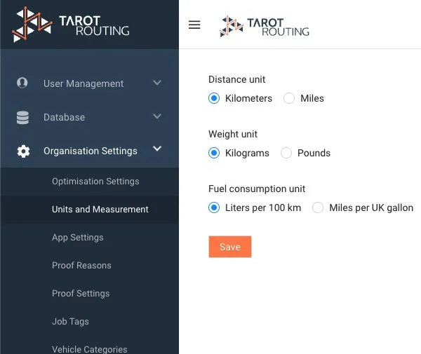 Units and Measurement interface in Tarot Admin Panel