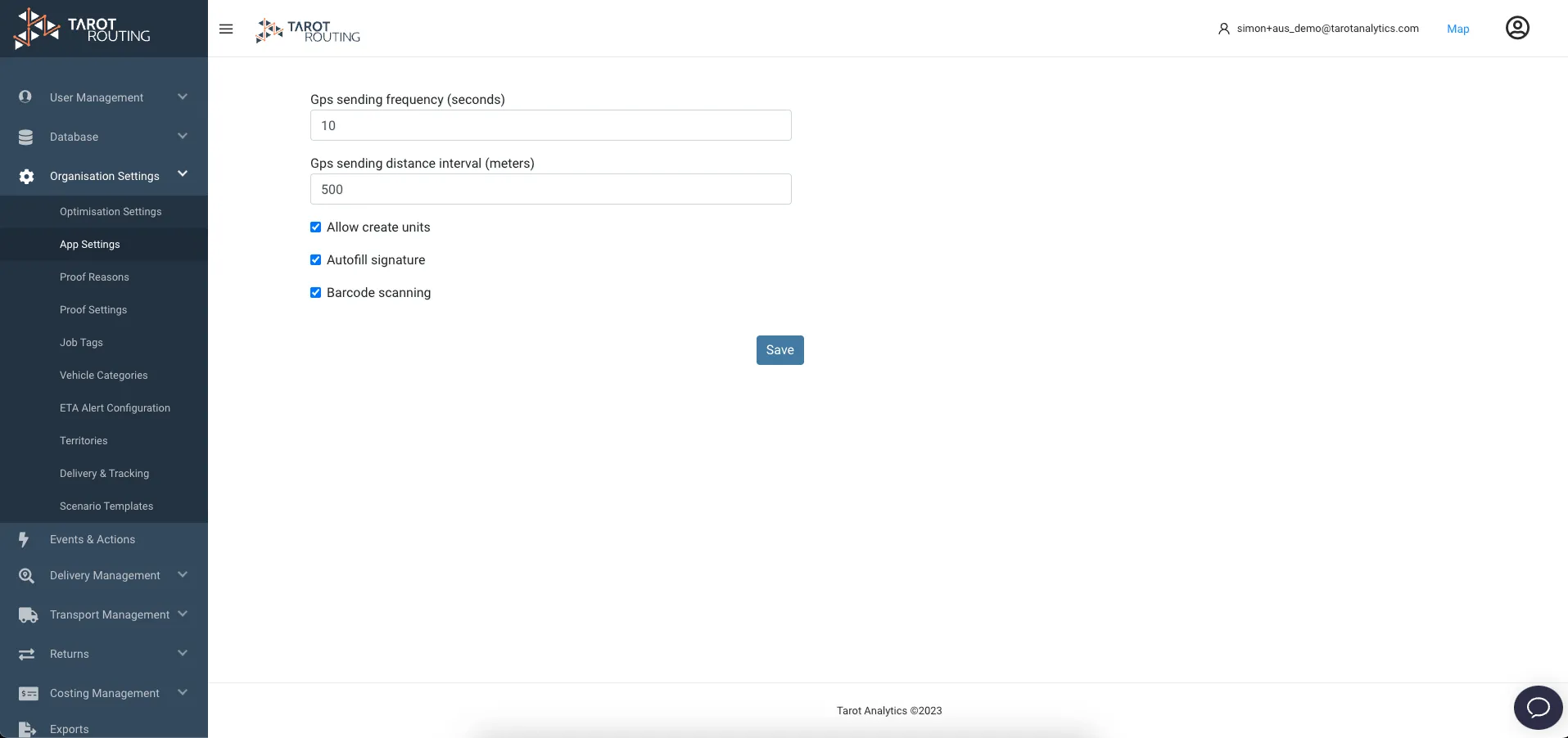 App Settings in Organisation Settings with the Barcode scanning checkbox ticked