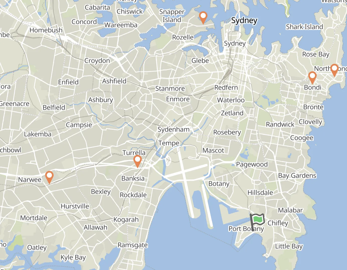 Map of Sydney with five delivery jobs and a depot at Port Botany