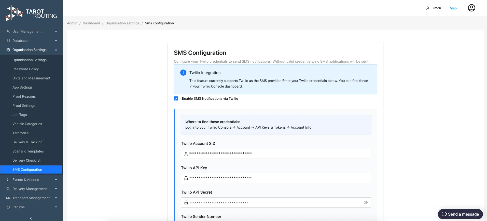 SMS Configuration in Tarot Admin panel