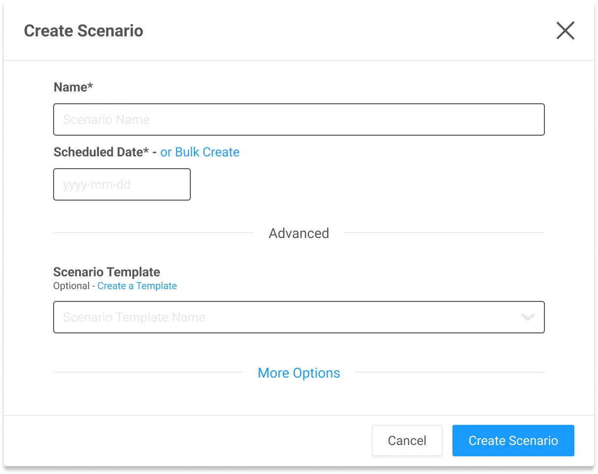 Create Scenario modal with name, scheduled date and the optional Scenario Template field