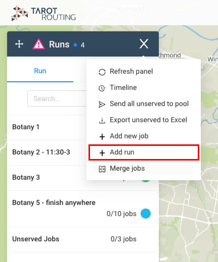 Runs Panel in Tarot Routing with the Action bar open. Add Run has been highlighted