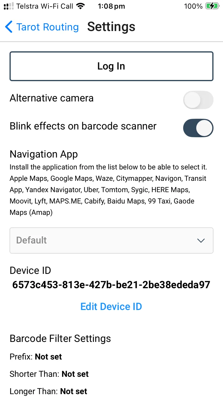 Tarot Driver App Settings Page