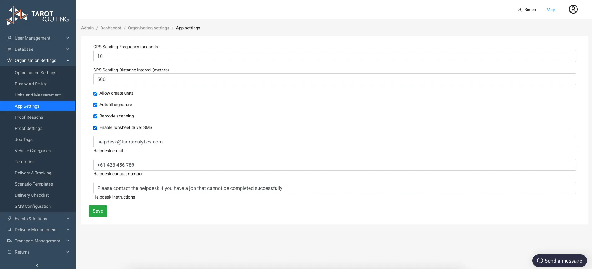 App Settings in Tarot Routing admin panel, Driver SMS has been enabled