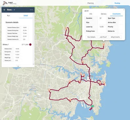 The same Sydney route after adding Leave By constraints to the two northern jobs, which are now served first