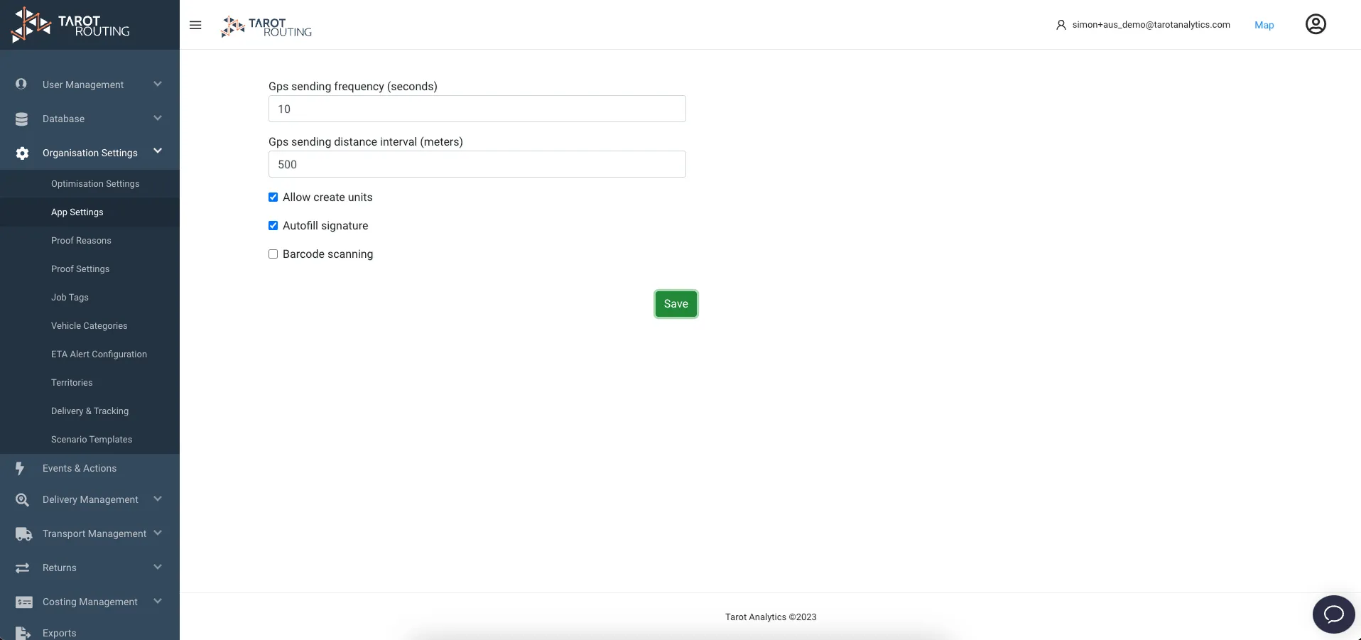 App Settings with Barcode scanning unticked, ready to save