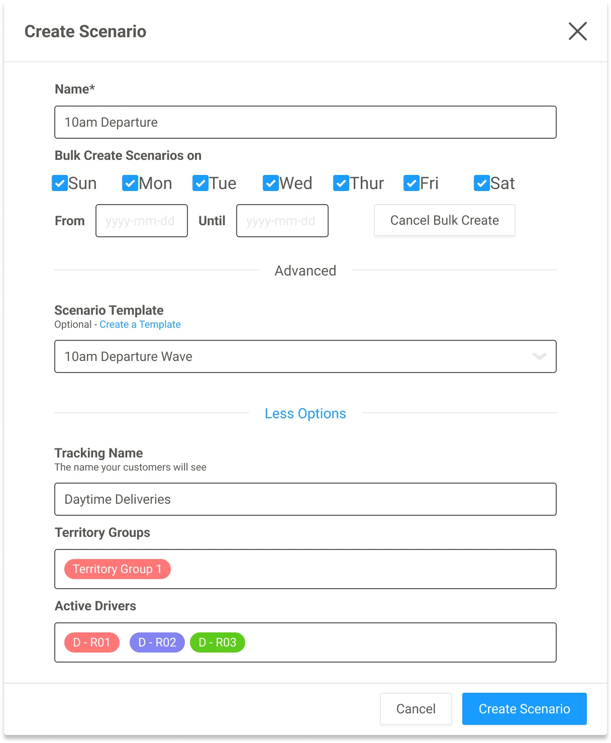 Create Scenario modal bulk creating scenarios on selected weekdays from the 10am Departure Wave template