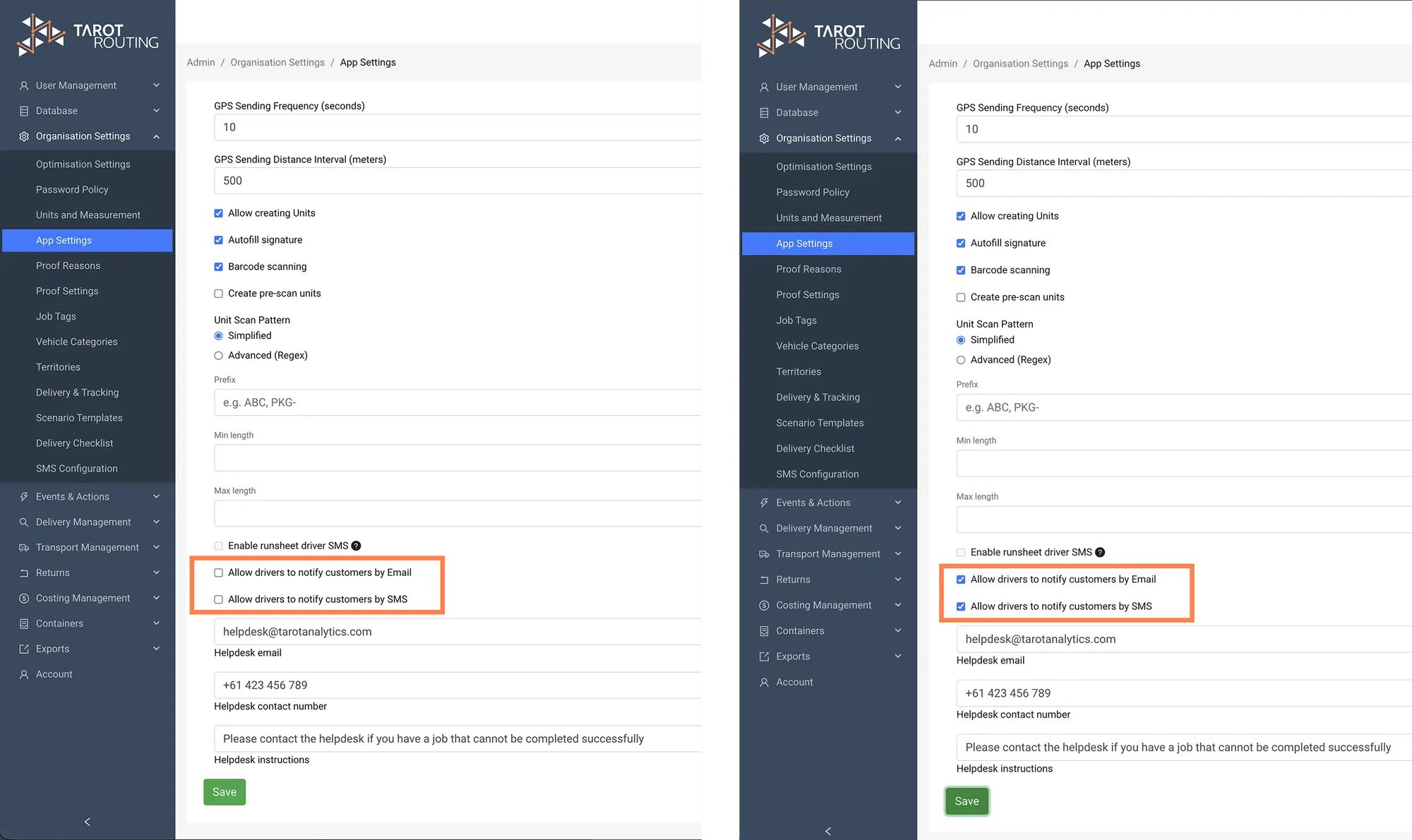 Showing how to allow Drivers to send Email or SMS notifcations to customers in addition to replying via the tracking link