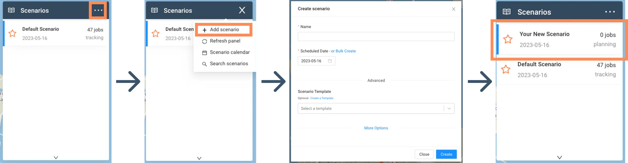 Creating a scenario: open the Scenarios action bar, click Add scenario, complete the Create scenario form, and the new scenario appears in the list