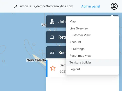 Account menu on the Tarot Routing map with Territory builder in the list