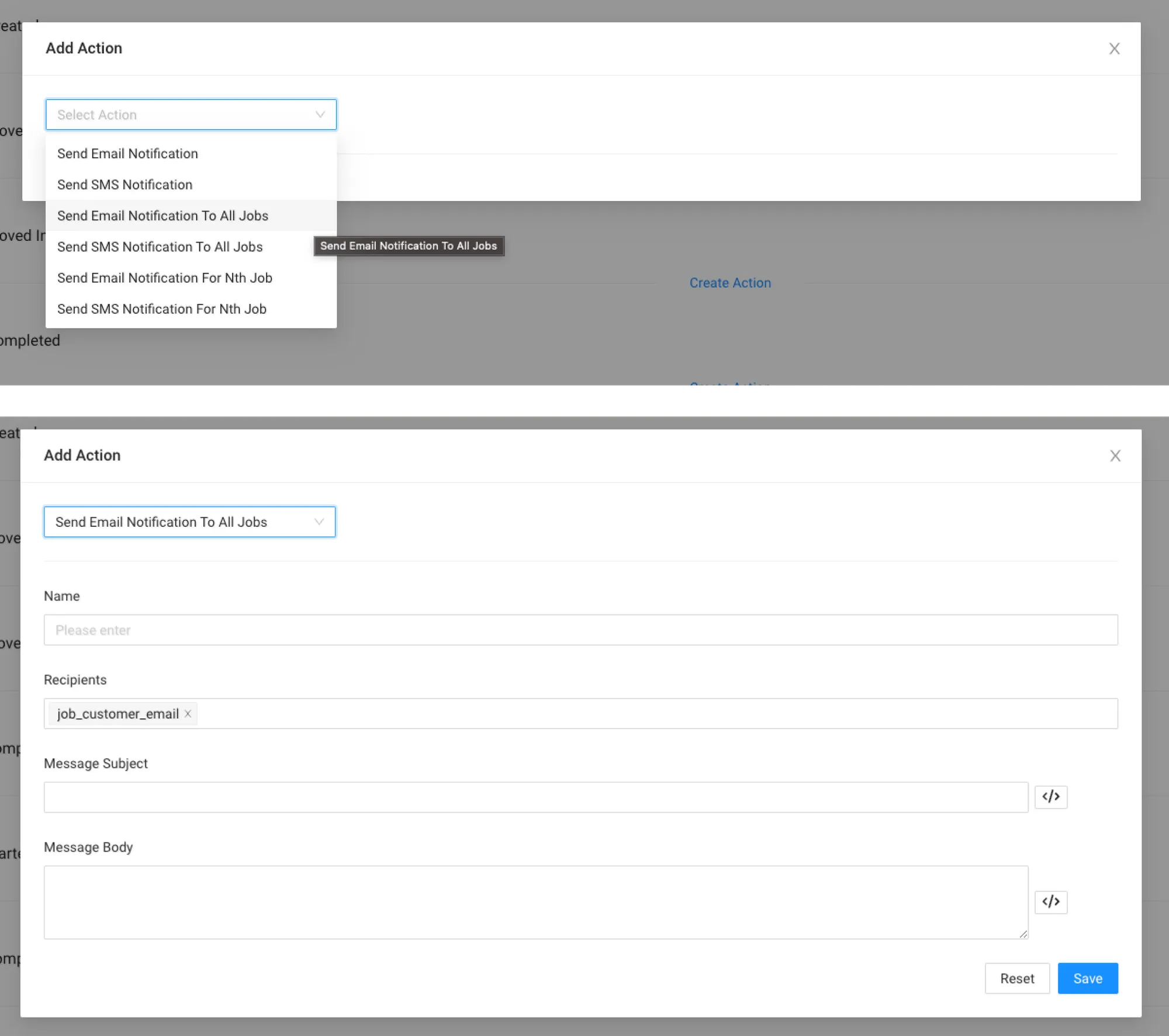 Add Action modal and a blank Send Email Notification to All Jobs Action Template